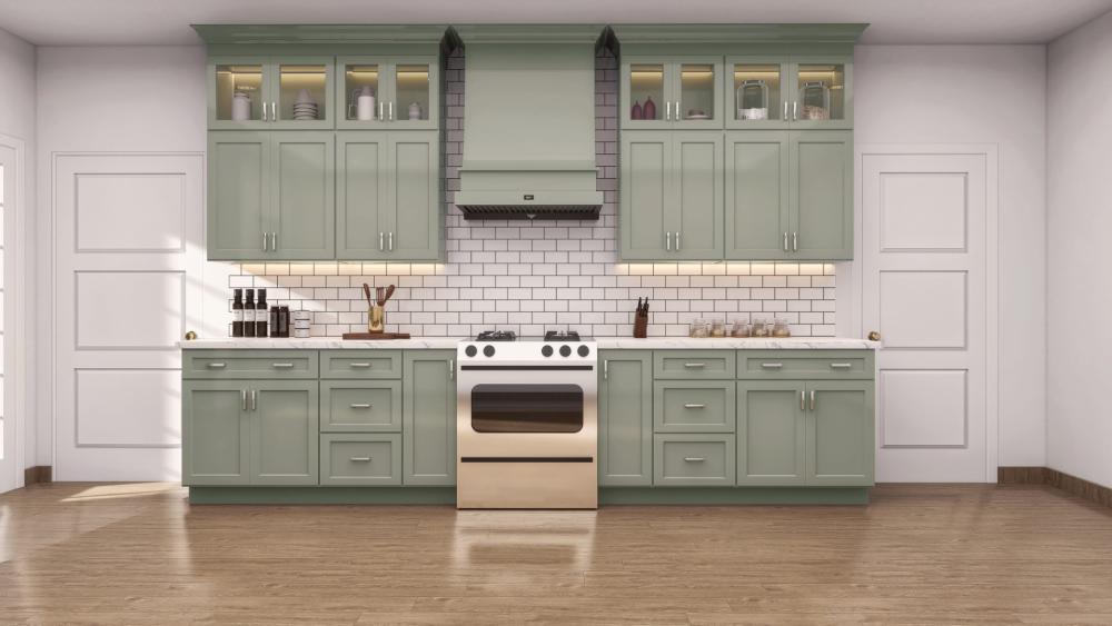 Upper and lower cabinet wall with range hood