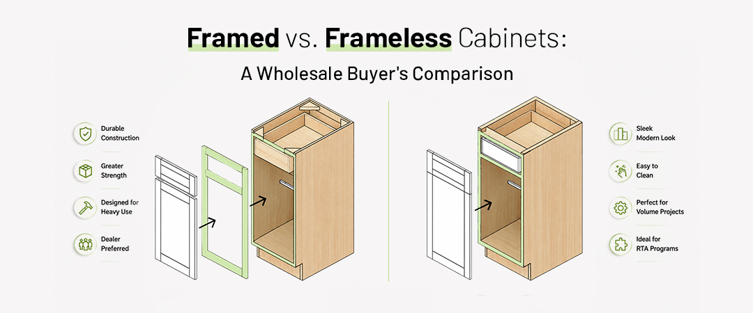 Framed vs frameless cabinets side-by-side showing face-frame and frameless box construction for wholesale buyers